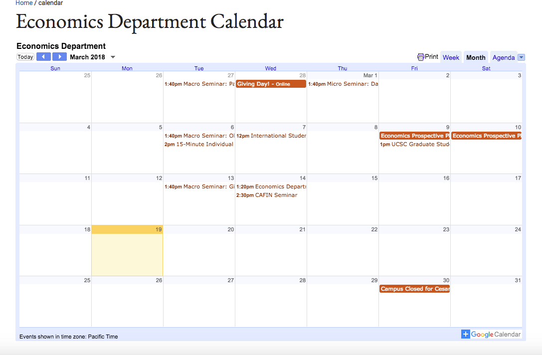 screenshot of embedded Google Calendar
