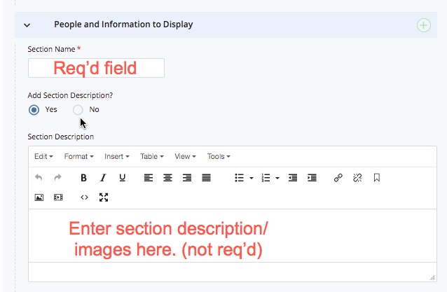 section name (required) and description fields (not required)