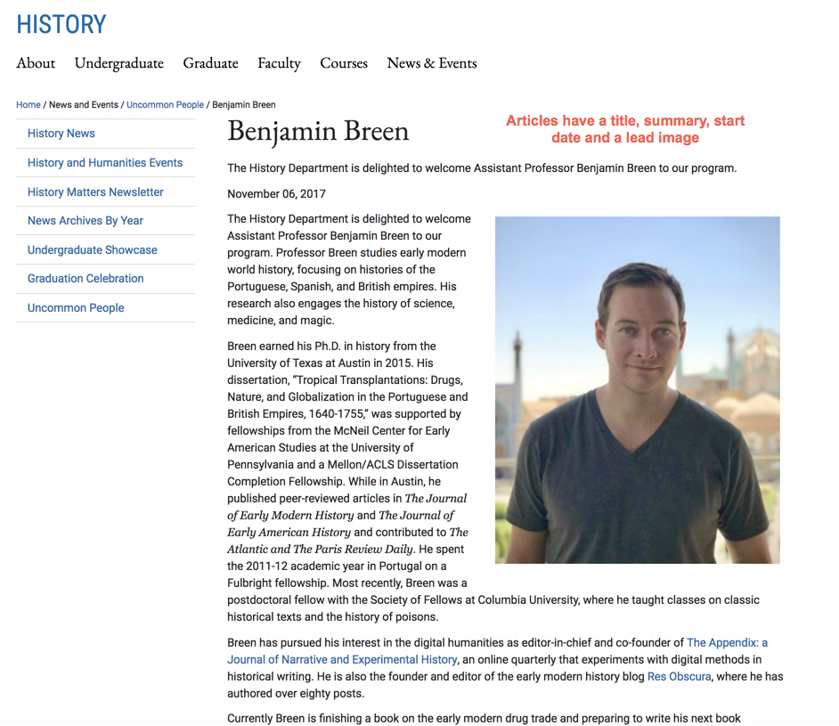 This is a featured profile article from the History WCMS site. The title 'Benjamin Breen' is followed by the publishing data 'November 06,2017', summary, and image of Benjamin.