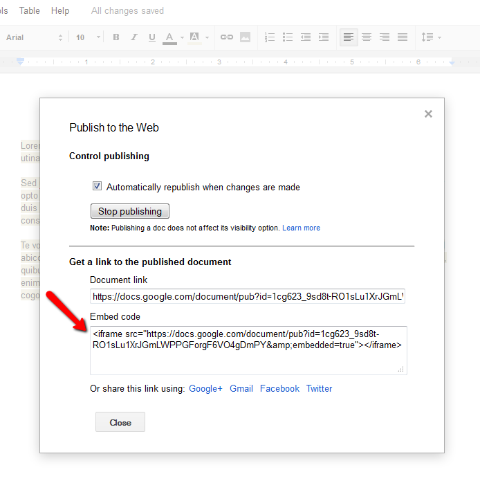 screenshot of Publish to the Web window in a Google document with a red arrow pointing to the iframe code in a text box titled Embed code