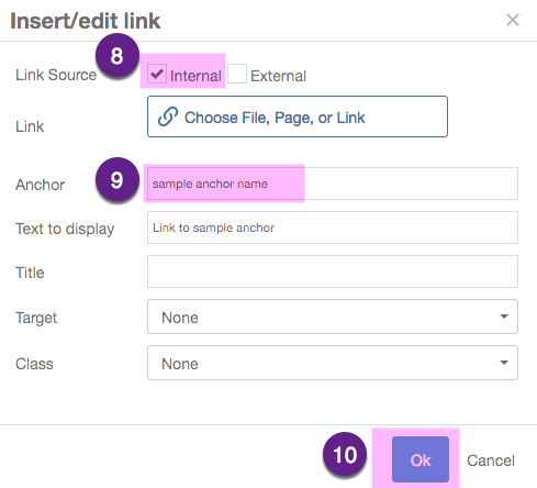 Insert/edit link box with the Link Source's internal option checkmarked, the Anchor field containing 'sample anchor name', and Ok button highlighted in purple