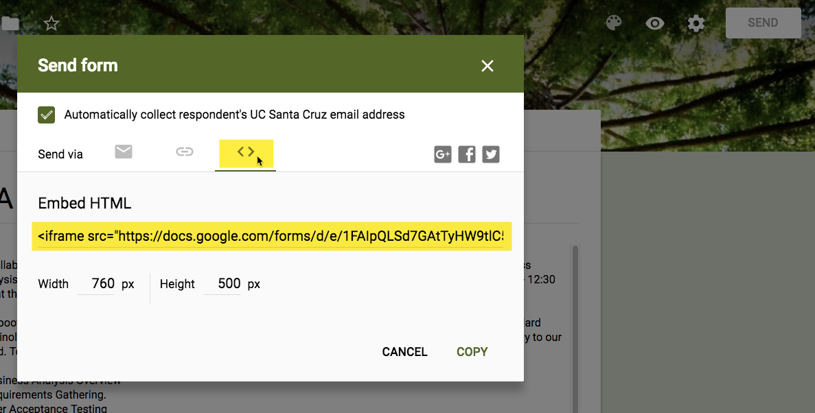Send Form window in Google Forms with the iframe source code highlighted in yellow