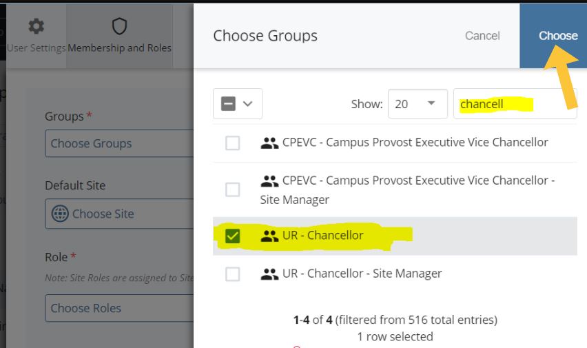 Selecting groups for the new user