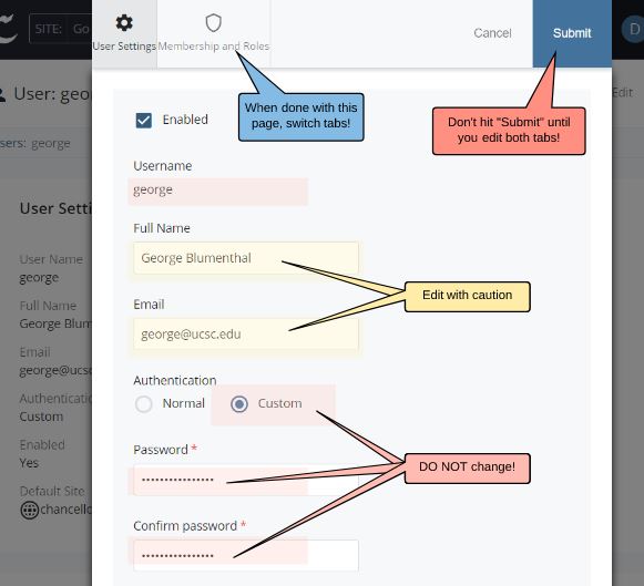 Edit the user's settings