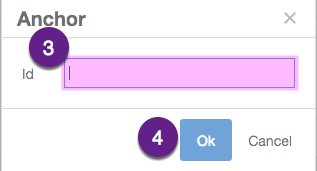 The insert anchor dialog box with the id field highlighted in purple