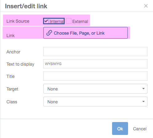 Selecting internal or external in the link dialog box