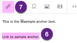 The WYSIWYG editor contains text with that says 'Link to sample anchor' and he Insert/Edit Link highlighted in purple