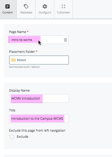 WCMS editing page with Page Name, Display Name, and Title fields highlighted in purple