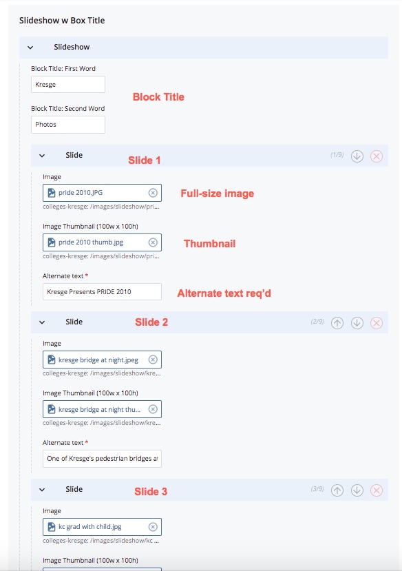 Slideshow block fields